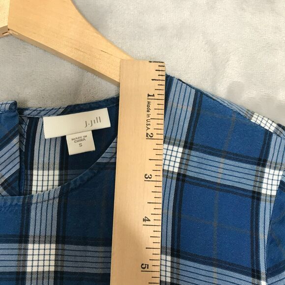 J. Jill Top Womens Small Blue Plaid Chambray 3/4 Sleeve A Line Hi Low Button - Picture 11 of 12